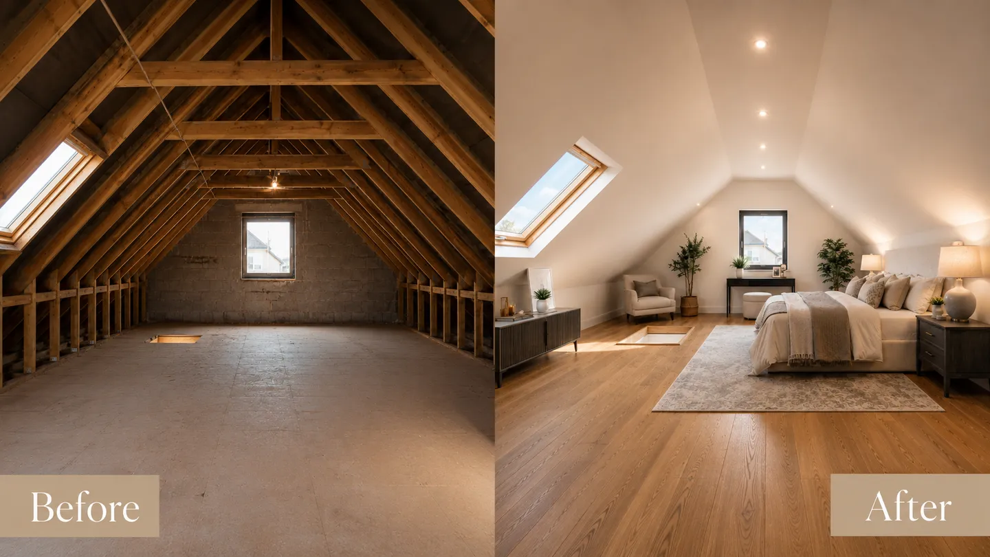 Attic conversion before and after transformation, County Meath