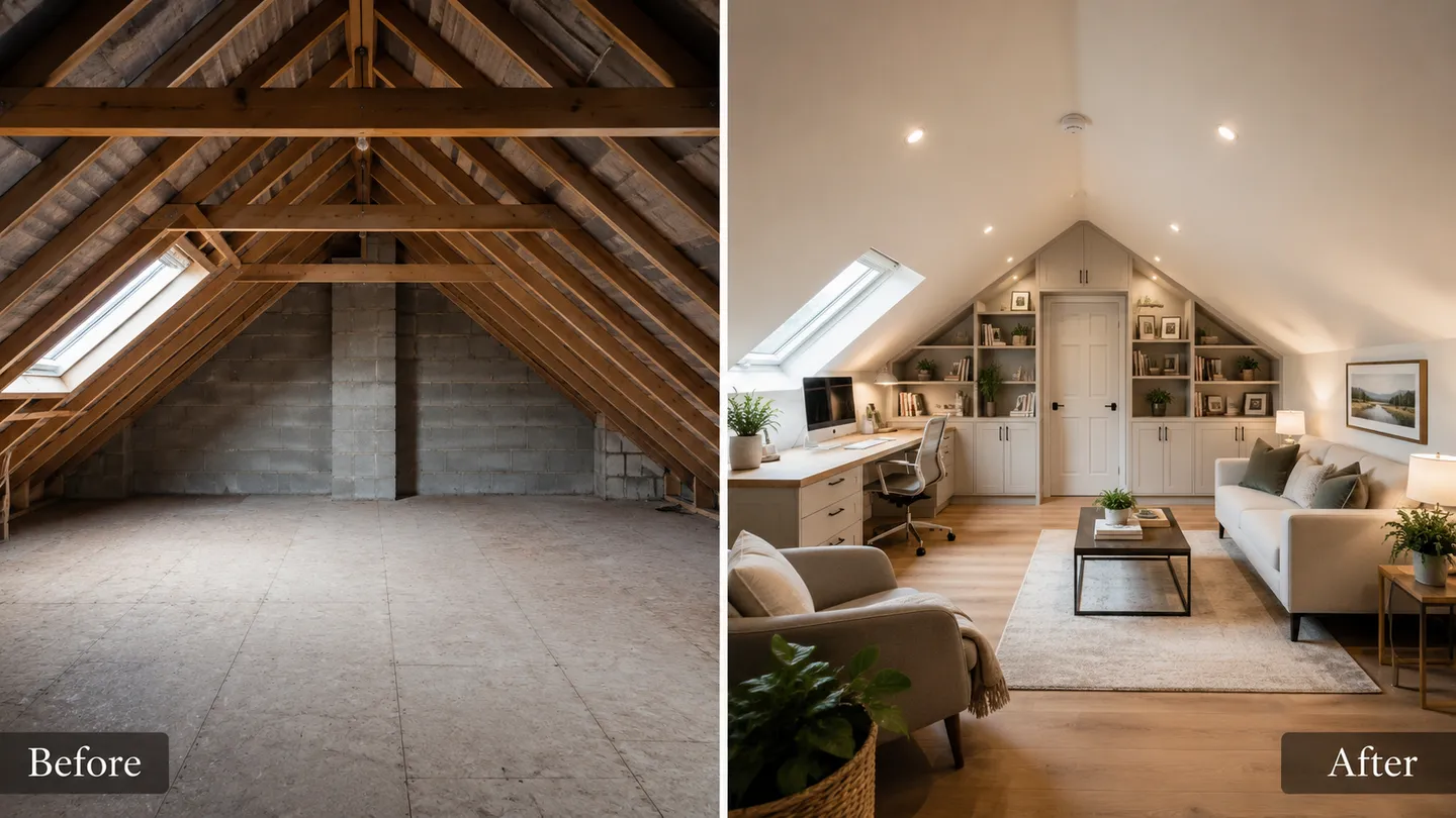 Attic conversion living space with timber floor and skylights, Meath