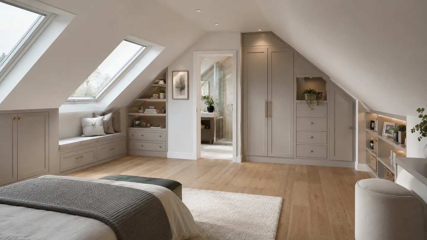 Built-in eaves storage and wardrobes in an attic, Meath