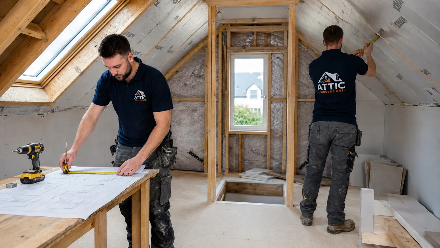 Builders fitting out an attic with insulation and finishes during the build stage, Meath