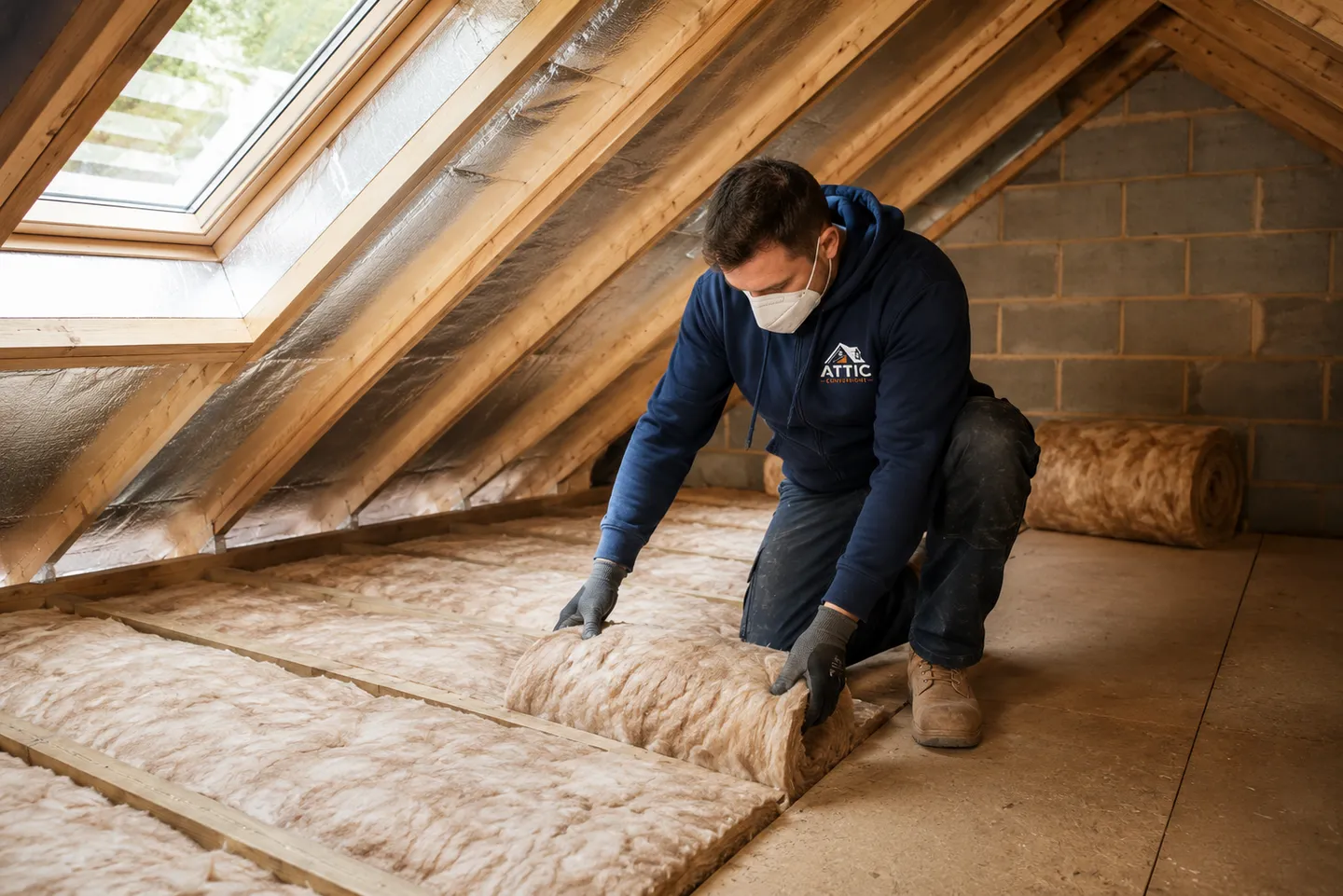 Attic Conversions Meath team member installing roof insulation